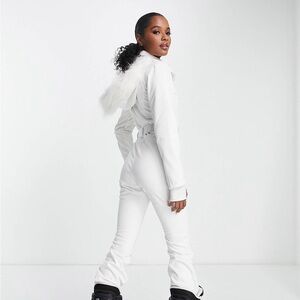 ASOS 4505 Petite belted ski suit with slim kick leg and faux fur hood